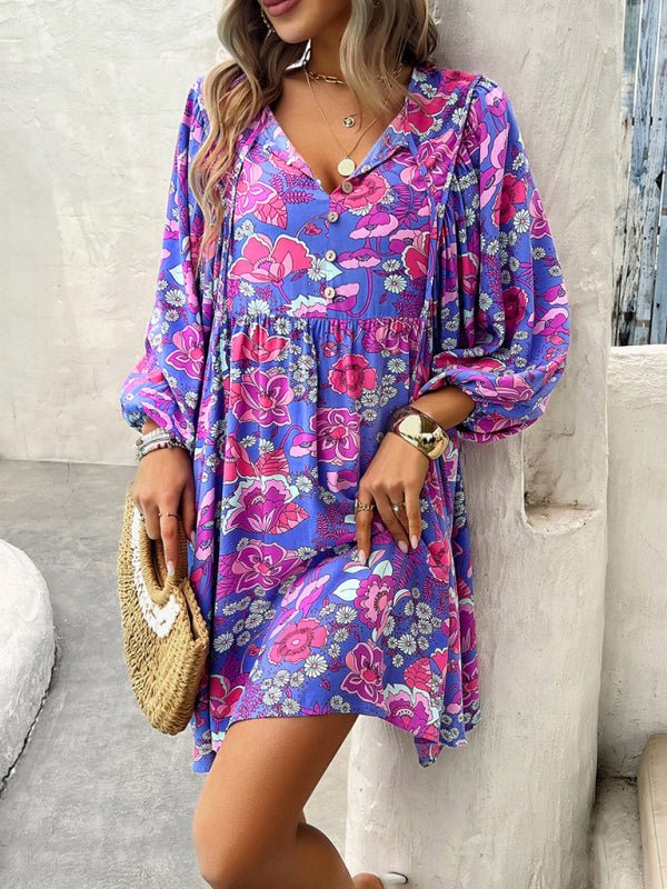 New V - neck loose casual full - body printed dress - Casual Dress